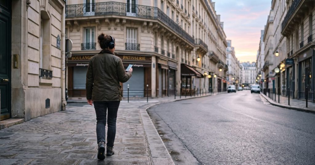 Salarié écoutant un livre audio avec des écouteurs pendant son trajet